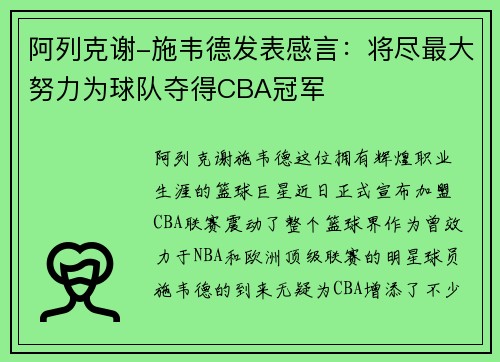 阿列克谢-施韦德发表感言:将尽最大努力为球队夺得CBA冠军